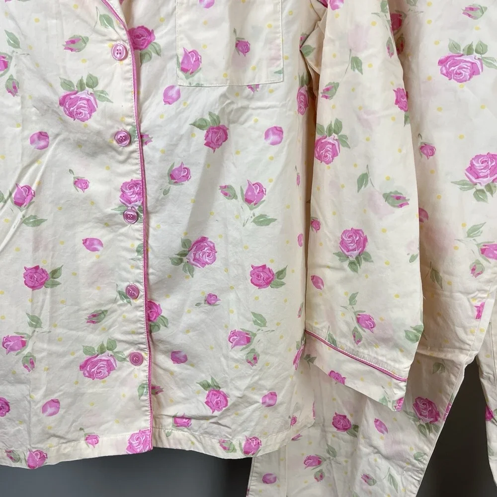 Vintage Lord & Taylor Pajama Set Womens M Yellow Pink Rose Floral 2 Pc Cottage‎